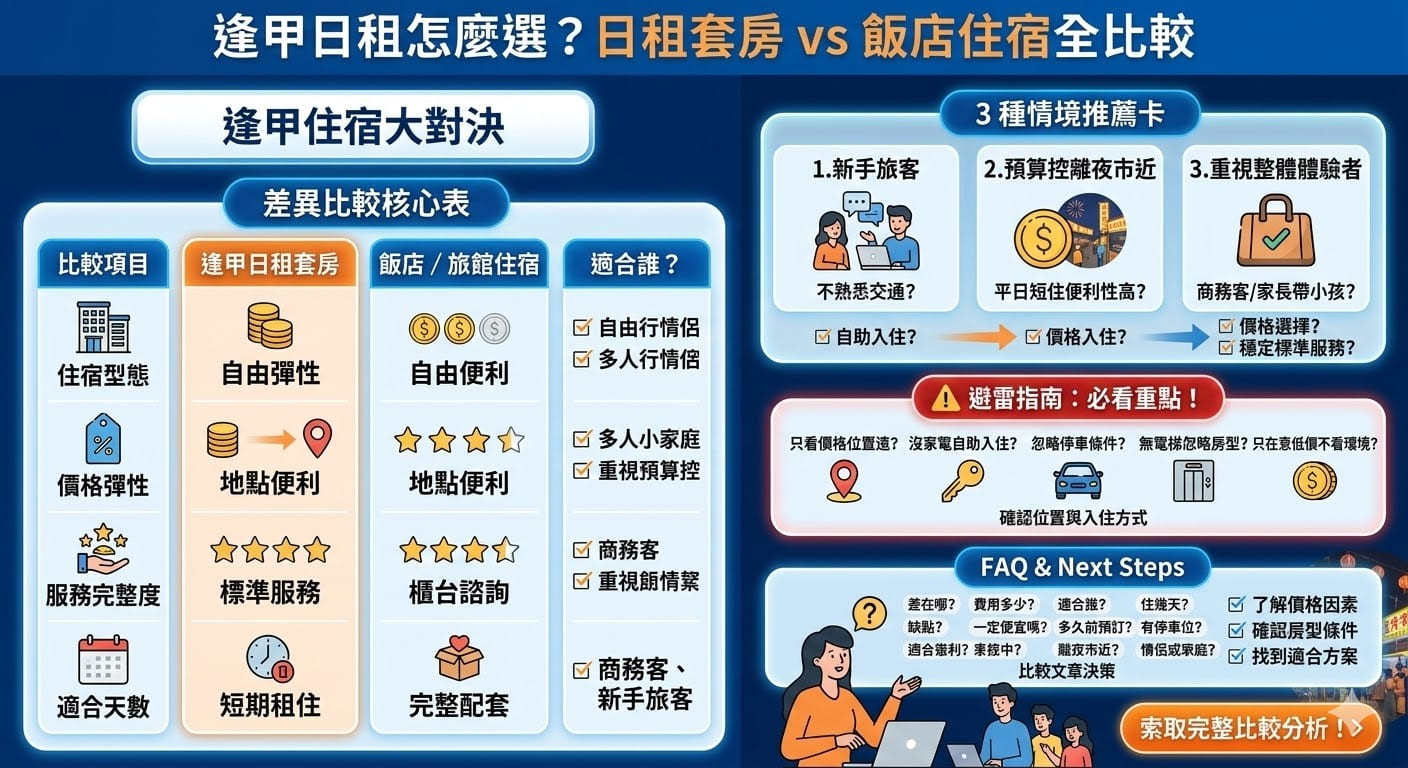 計畫前往台中旅遊時，選擇合適的逢甲日租住宿能讓您的夜市行程更加輕鬆。這類住宿以地點便利、入住彈性及空間感著稱，特別適合追求自由行體驗的情侶或小團體旅客。相較於標準化飯店，逢甲日租套房通常提供更具預算優勢的價格與更接近在地居住的氛圍。本文完整比較了日租套房與傳統飯店在服務完整度、價格結構及入住流程上的核心差異，並整理出挑選時的六大避雷重點，包含確認實際步行距離與停車便利性等。透過深入的情境建議與 FAQ 解析，助您精準鎖定符合預算且離逢甲夜市核心區最近的理想落腳處，開啟完美的台中短住體驗。
