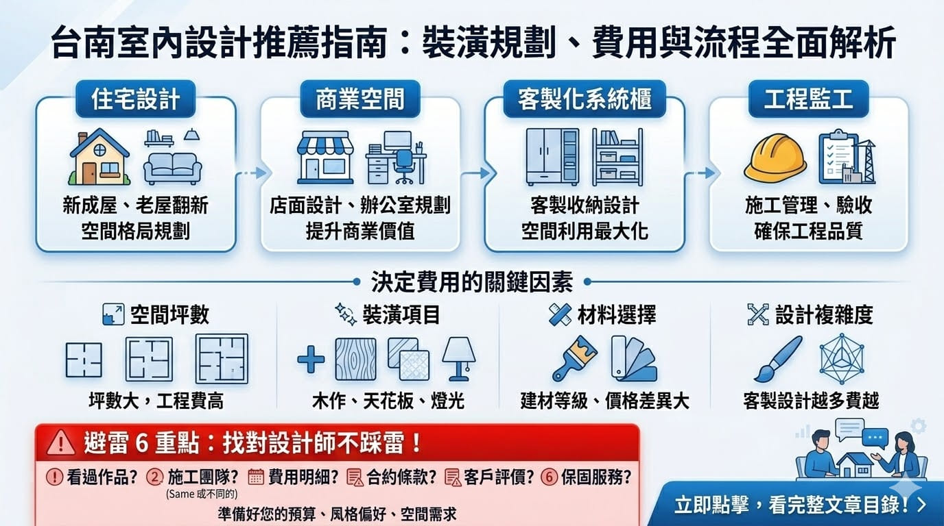 準備在府城打造夢想家園嗎？這份完整指南為您詳盡解析台南室內設計的各項環節。從新成屋裝潢、老屋翻新到商業空間規劃，我們深度拆解了 5 大標準設計流程、費用影響因素以及 6 個關鍵的避雷重點，幫助您在預算與美感之間取得完美平衡。透過專業的台南室內設計師協助，您可以更精準地規劃空間動線、收納細節與風格美學，有效避免施工糾紛並確保工程品質，讓您的空間改造計畫在合理的成本內順利達成。